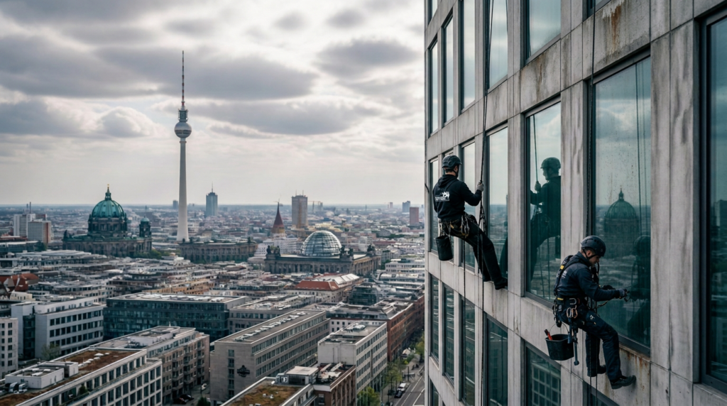 Industriekletterer in Berlin mit Seiltechnik an Hochhaus